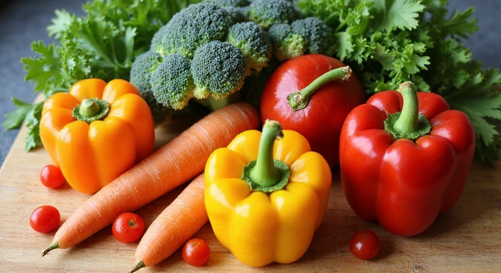 Various colorful fresh vegetables on a cutting board
