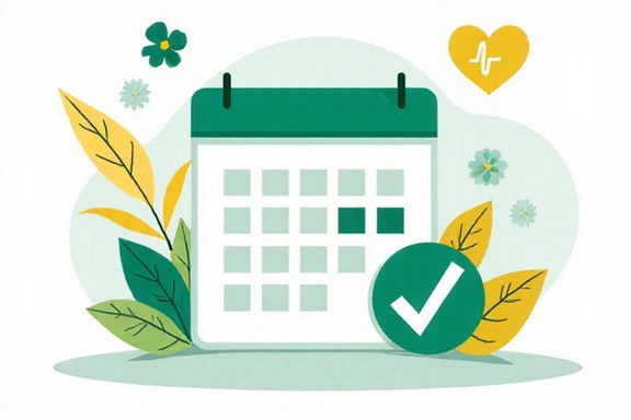 A vibrant illustration of a calendar with a green checkmark, symbolizing a successfully confirmed appointment. There are subtle, abstract health-related icons like a leaf or a heart floating around it, indicating well-being and care.