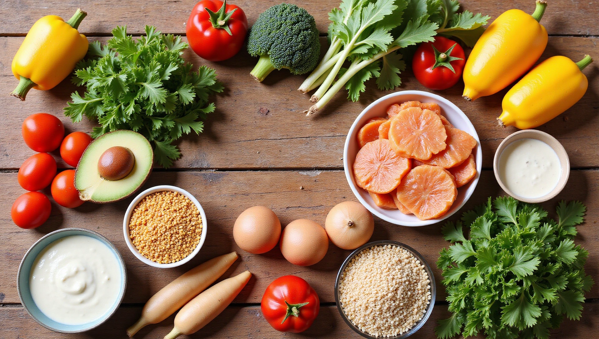 A vibrant and healthy meal spread on a wooden table with fresh ingredients