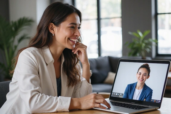 Woman having an online video consultation with a nutritionist, smiling and engaged.