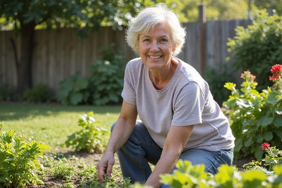 Older woman gardening with energy